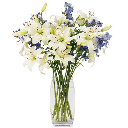 White Lilies and Blue Delphinium Bouquet | Calyx Flowers