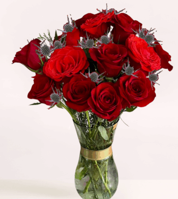 Red Roses & Thistle Valentine's Bouquet