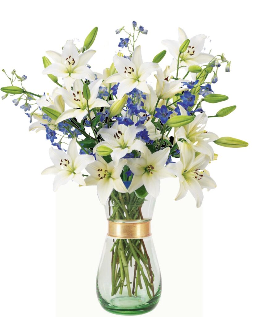 White Lilies and Blue Delphinium Bouquet | Calyx Flowers