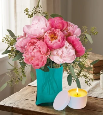 With Love Peonies Turquoise Vase & Candle Lifestyle