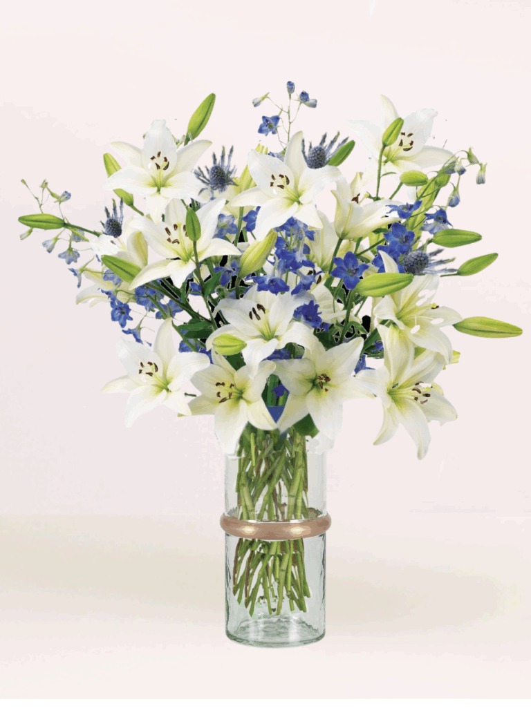 White Lilies and Blue Delphinium Bouquet | Calyx Flowers