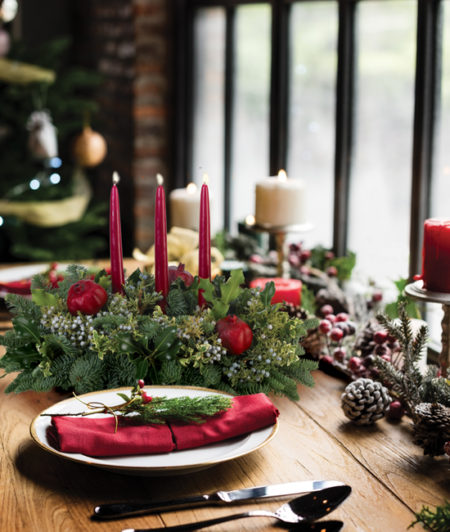 Fresh Evergreen & Pomegranate Centerpiece - Calyx Flowers, Inc