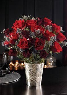 Red Roses & Thistle Bouquet